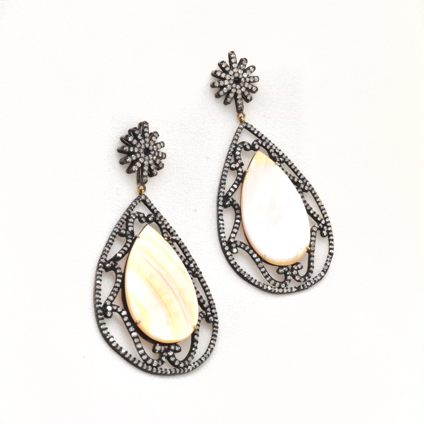 925 Silver Teardrop Mother of Pearl Filigree Dangle Earrings