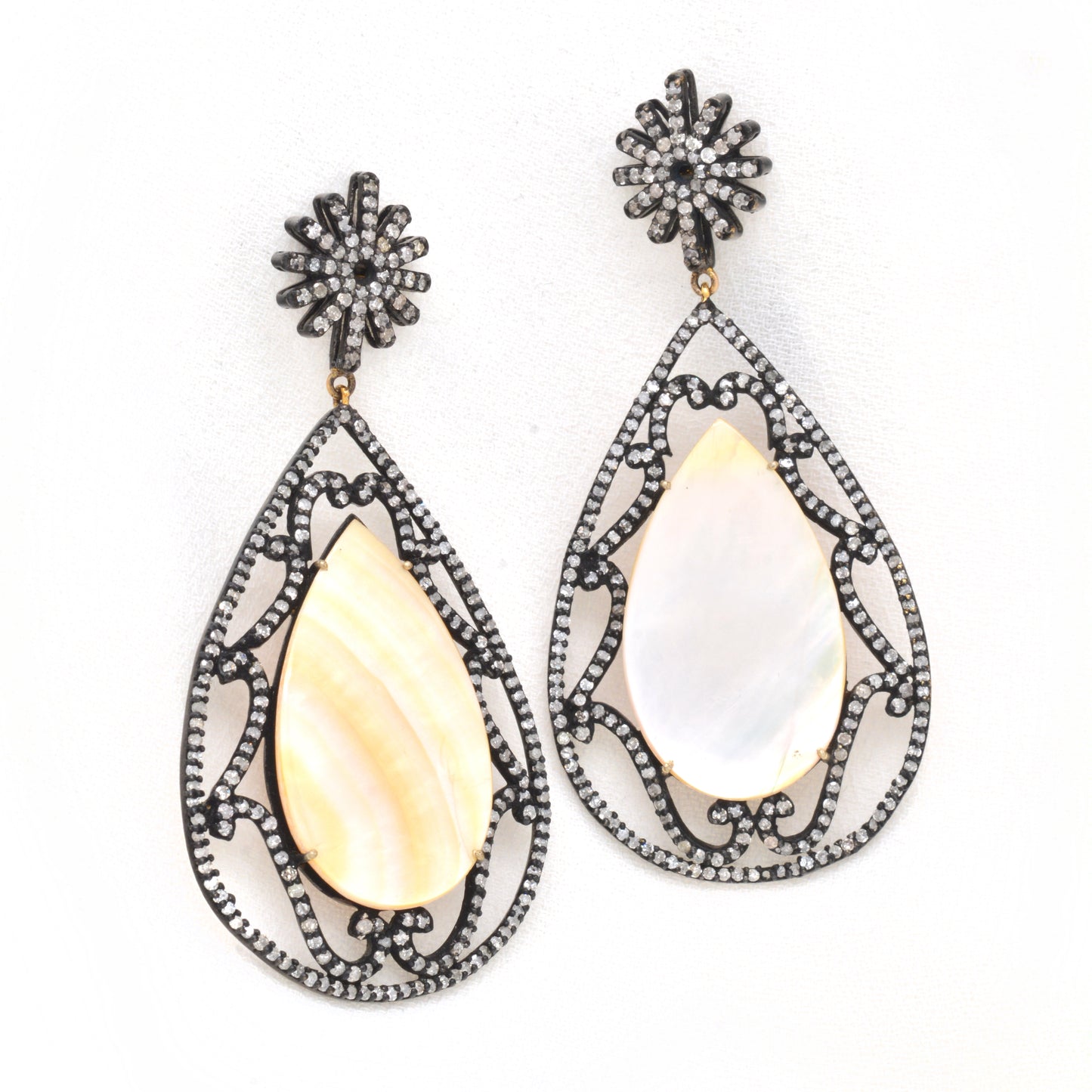 925 Silver Teardrop Mother of Pearl Filigree Dangle Earrings