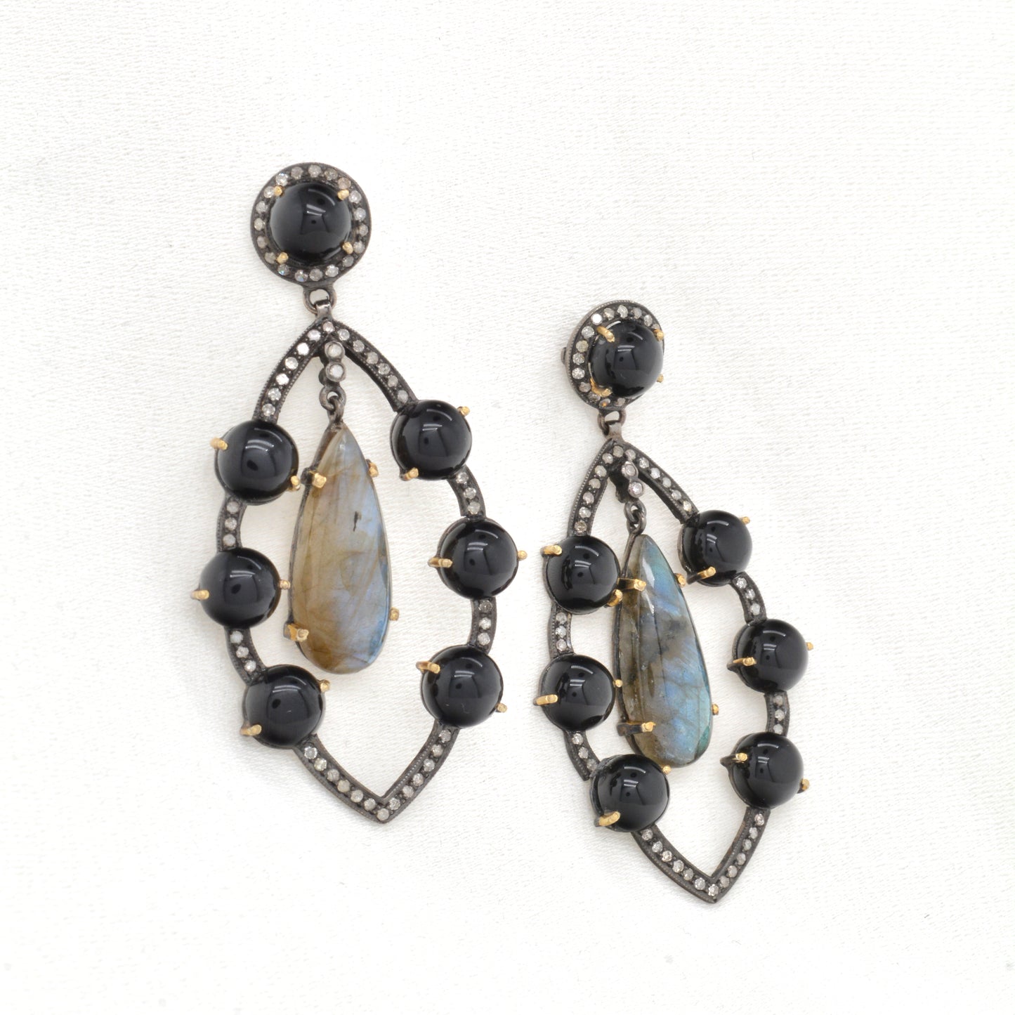 Elegant Handcrafted Onyx and Labradorite Drop Silver Earrings