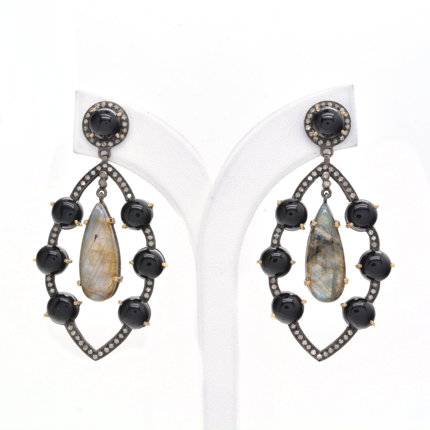Elegant Handcrafted Onyx and Labradorite Drop Silver Earrings