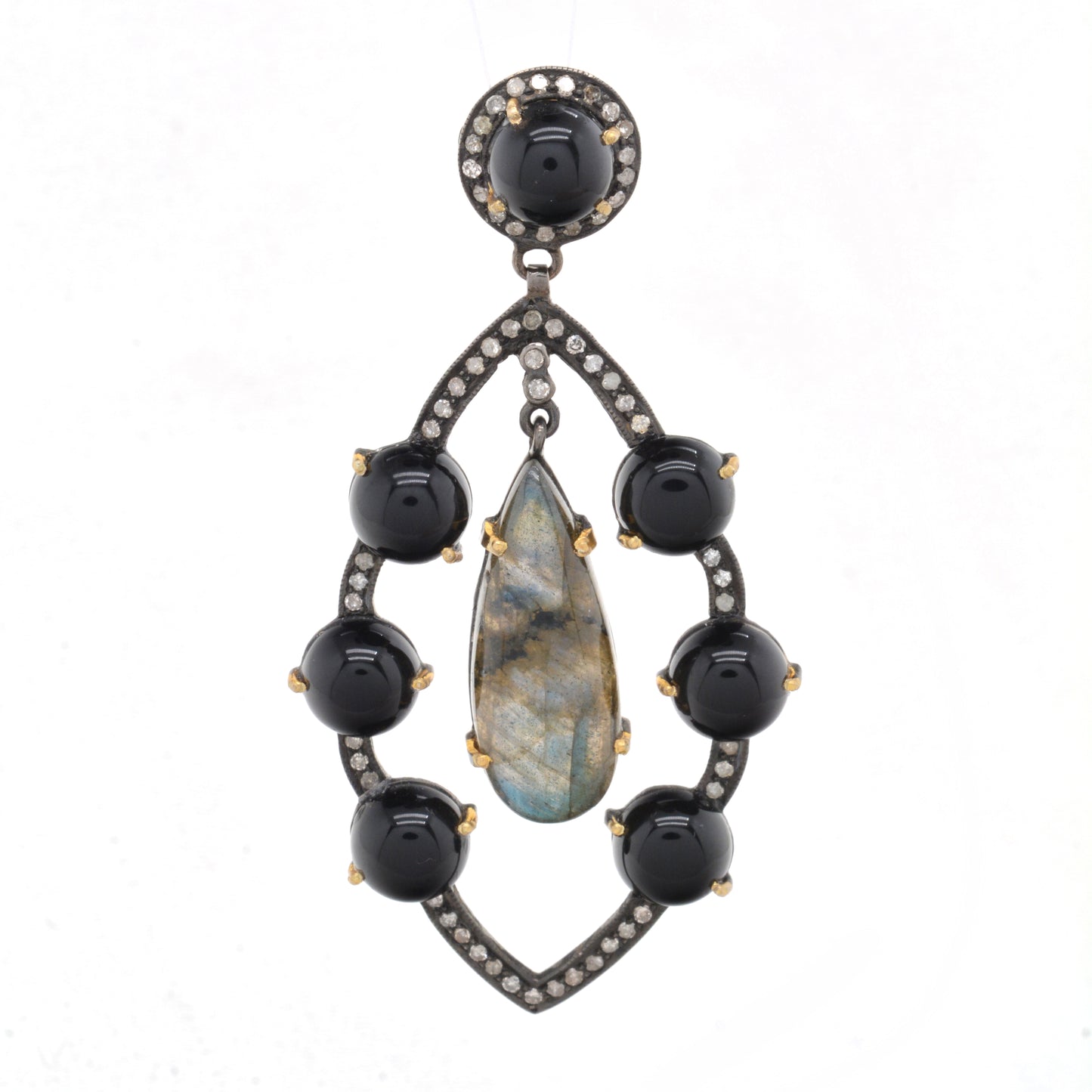 Elegant Handcrafted Onyx and Labradorite Drop Silver Earrings