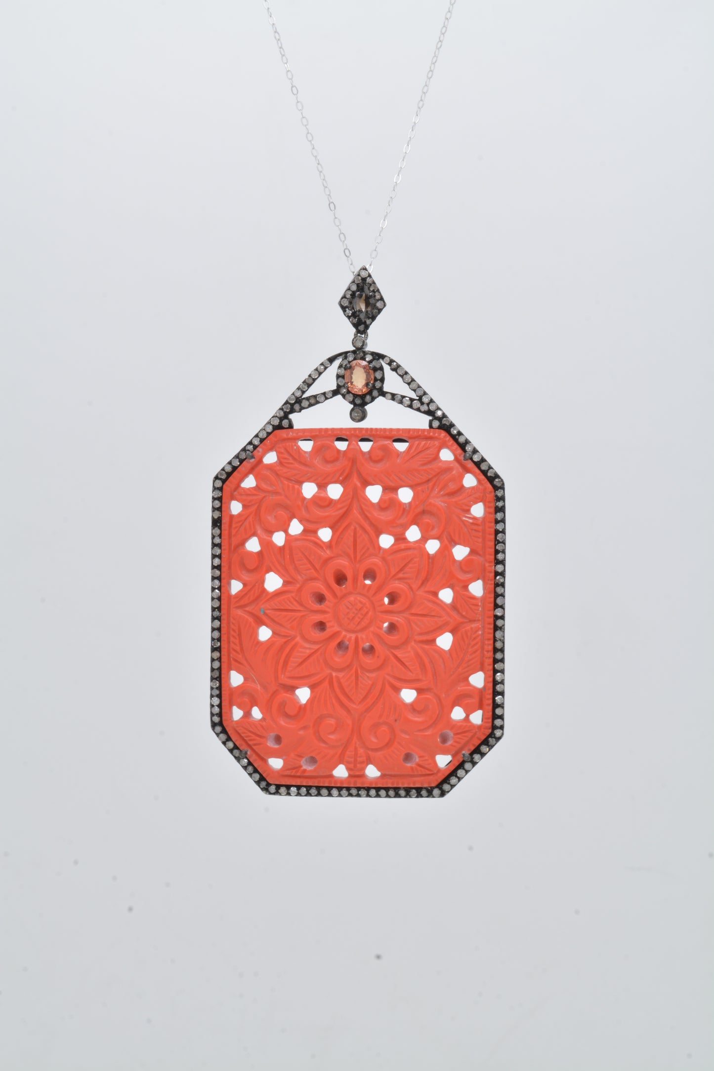 Vibrant Coral Filigree 925 Sterling Silver Pendant