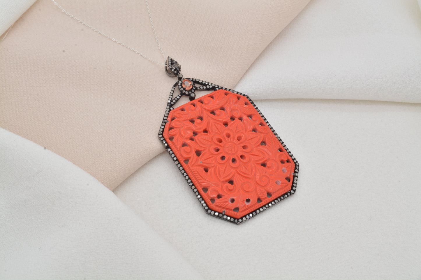 Vibrant Coral Filigree 925 Sterling Silver Pendant