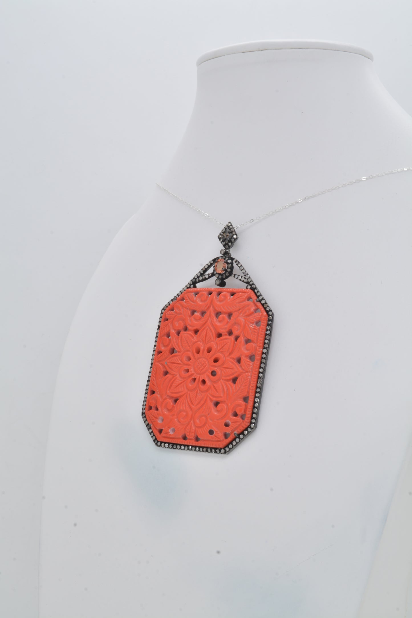 Vibrant Coral Filigree 925 Sterling Silver Pendant