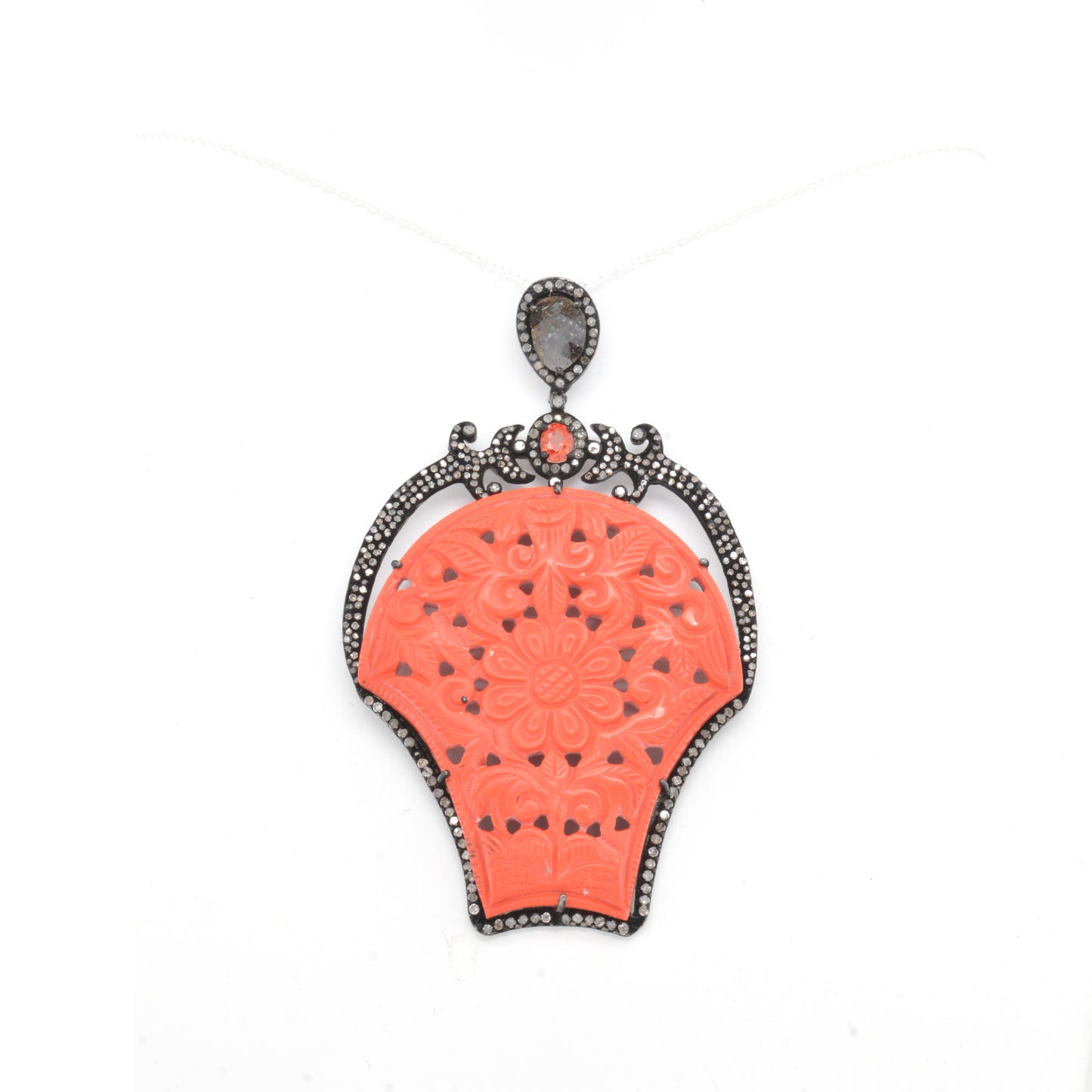925 Sterling Silver Striking Coral Carved Pendant