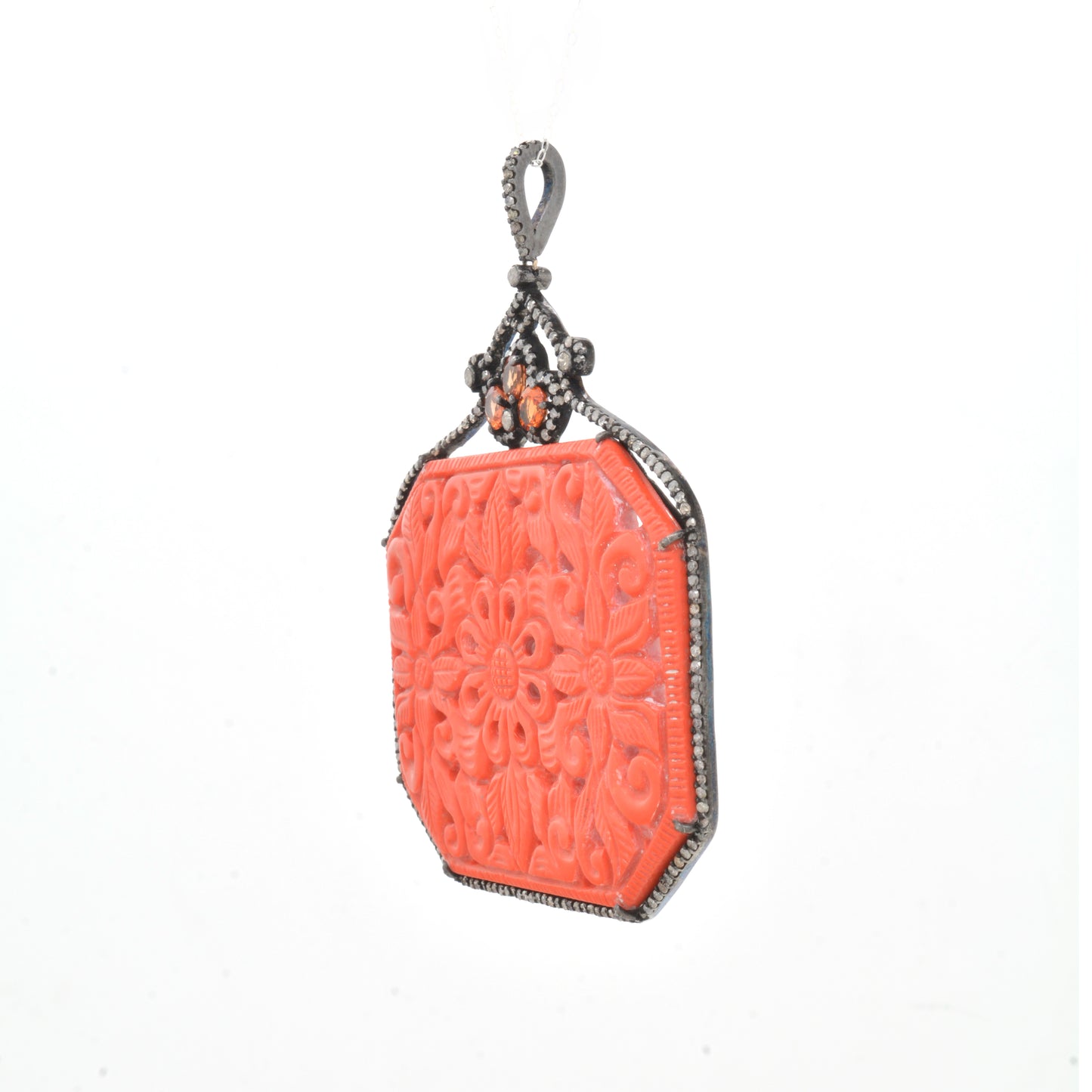 Exquisite Silver Hand-Carved Coral Pendant with Gemstone Accents