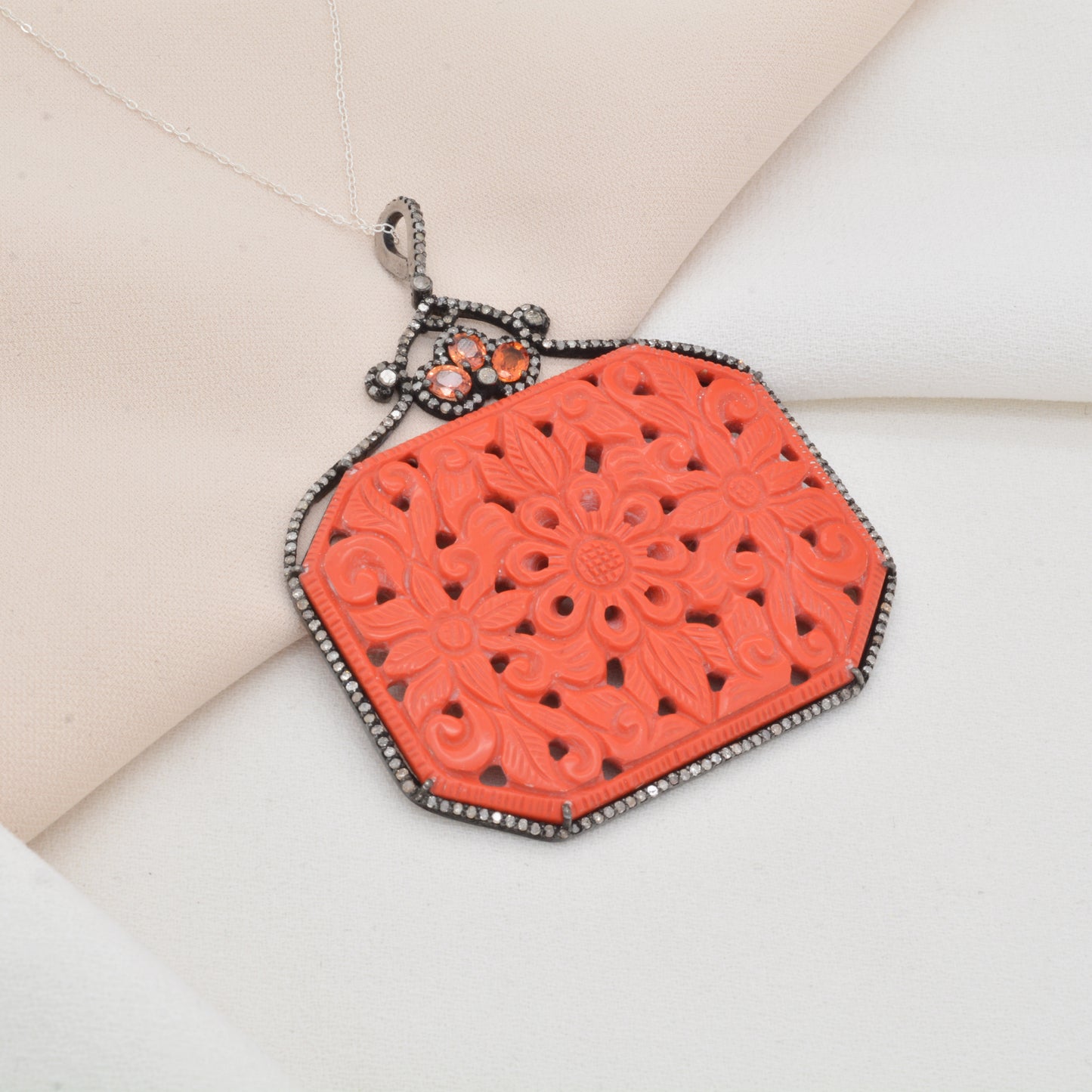 Exquisite Silver Hand-Carved Coral Pendant with Gemstone Accents