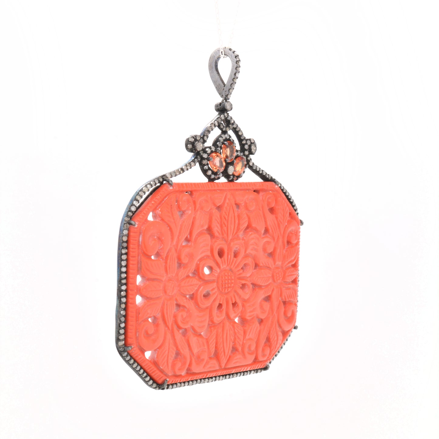 Exquisite Silver Hand-Carved Coral Pendant with Gemstone Accents