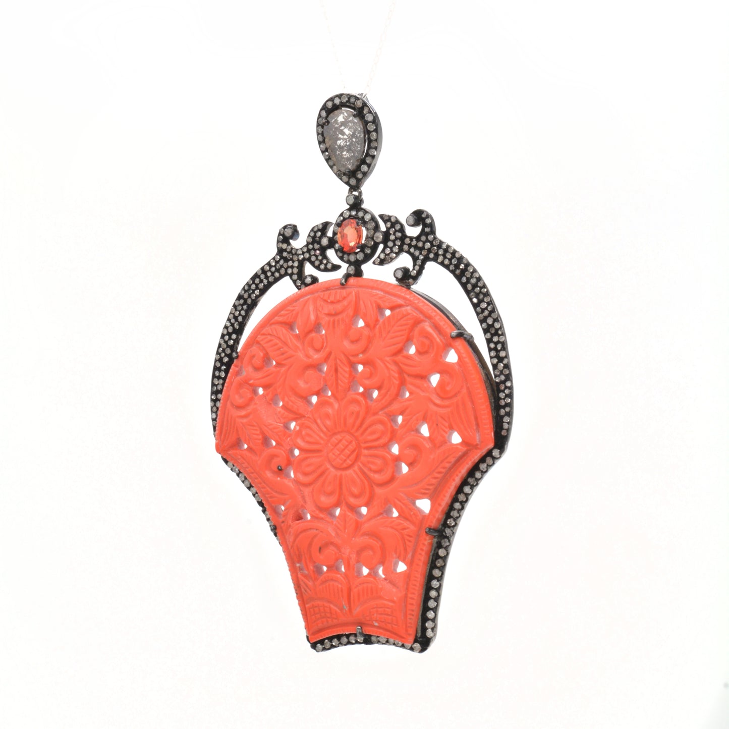 925 Sterling Silver Striking Coral Carved Pendant