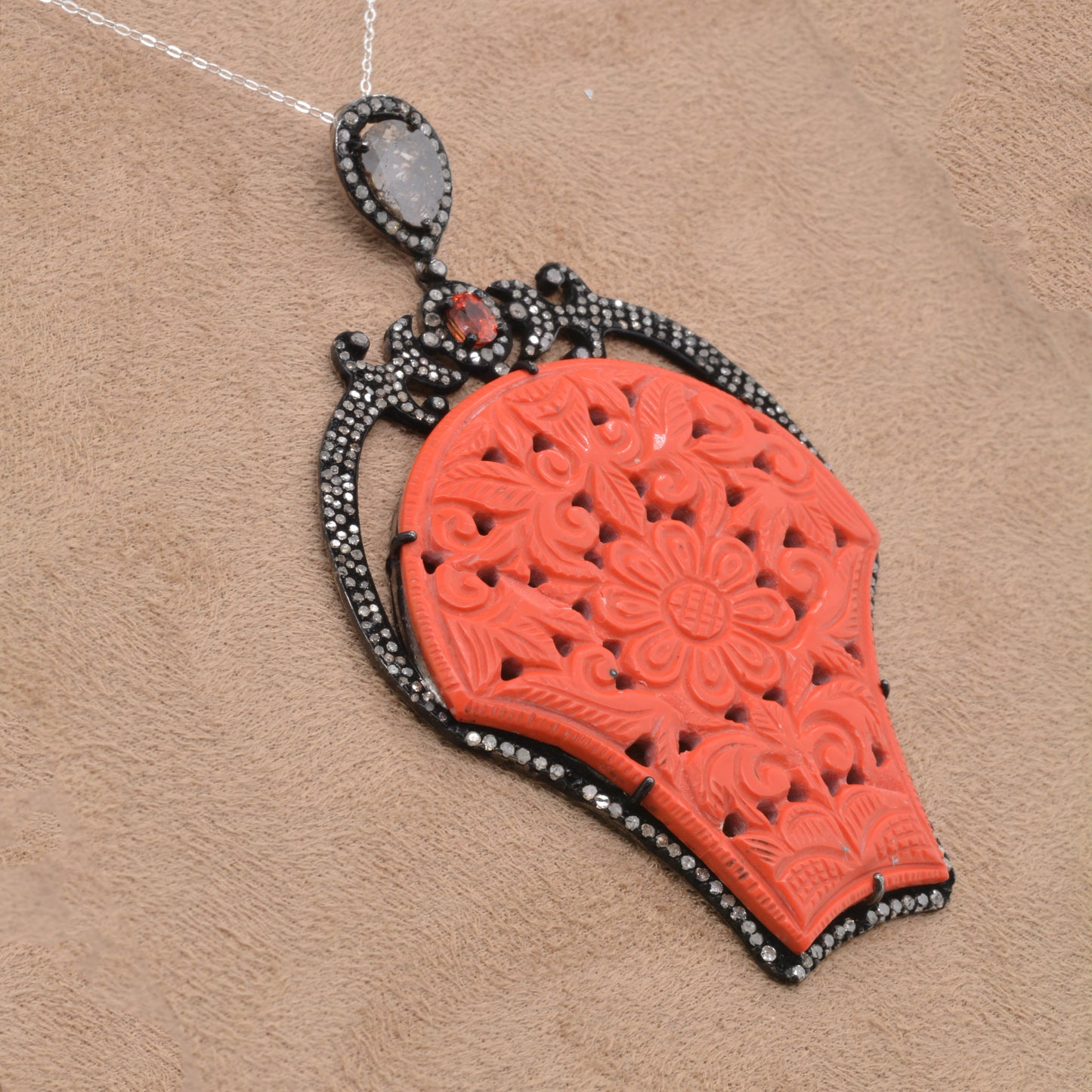 925 Sterling Silver Striking Coral Carved Pendant