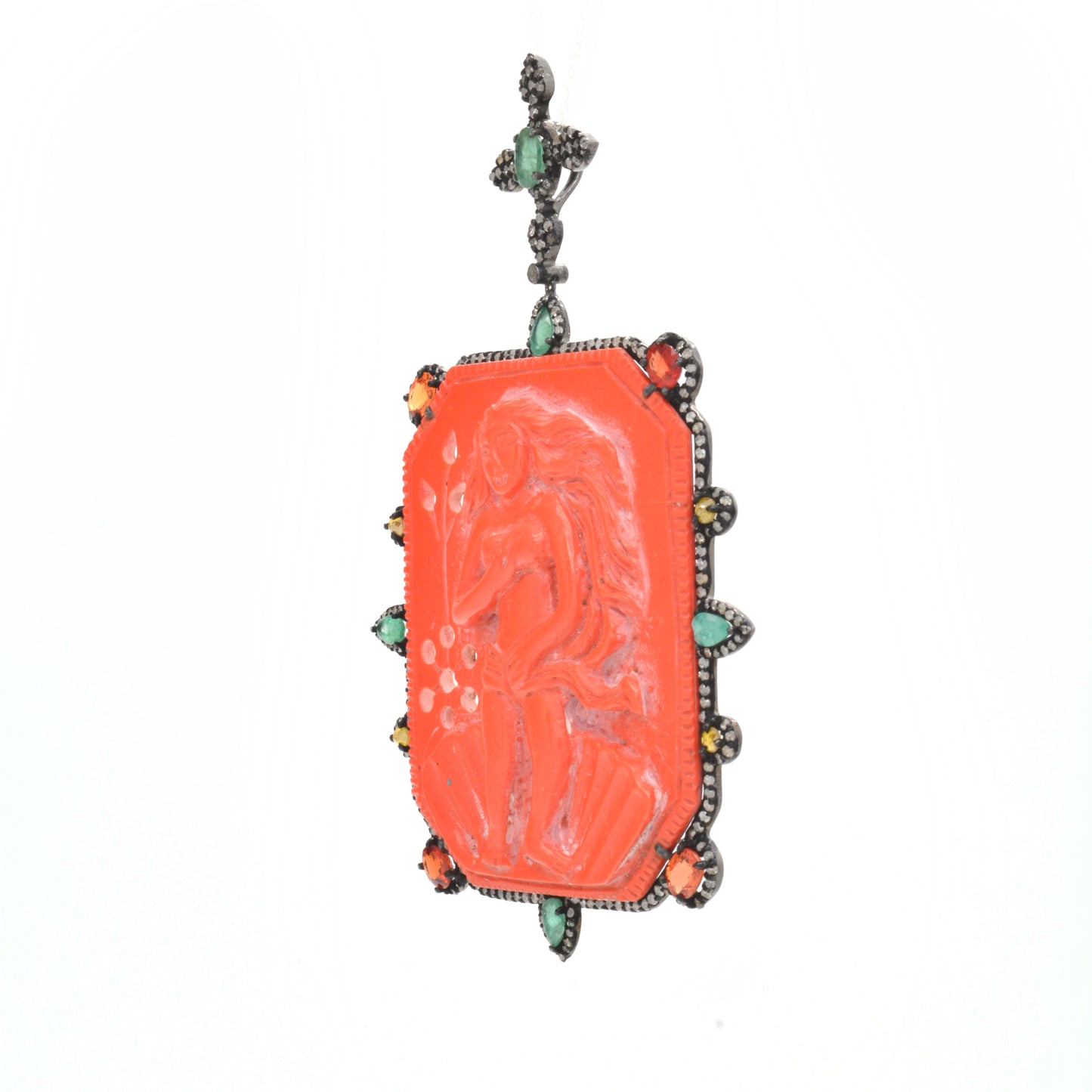 Ornate Coral and Multi-Gemstone Silver Pendant