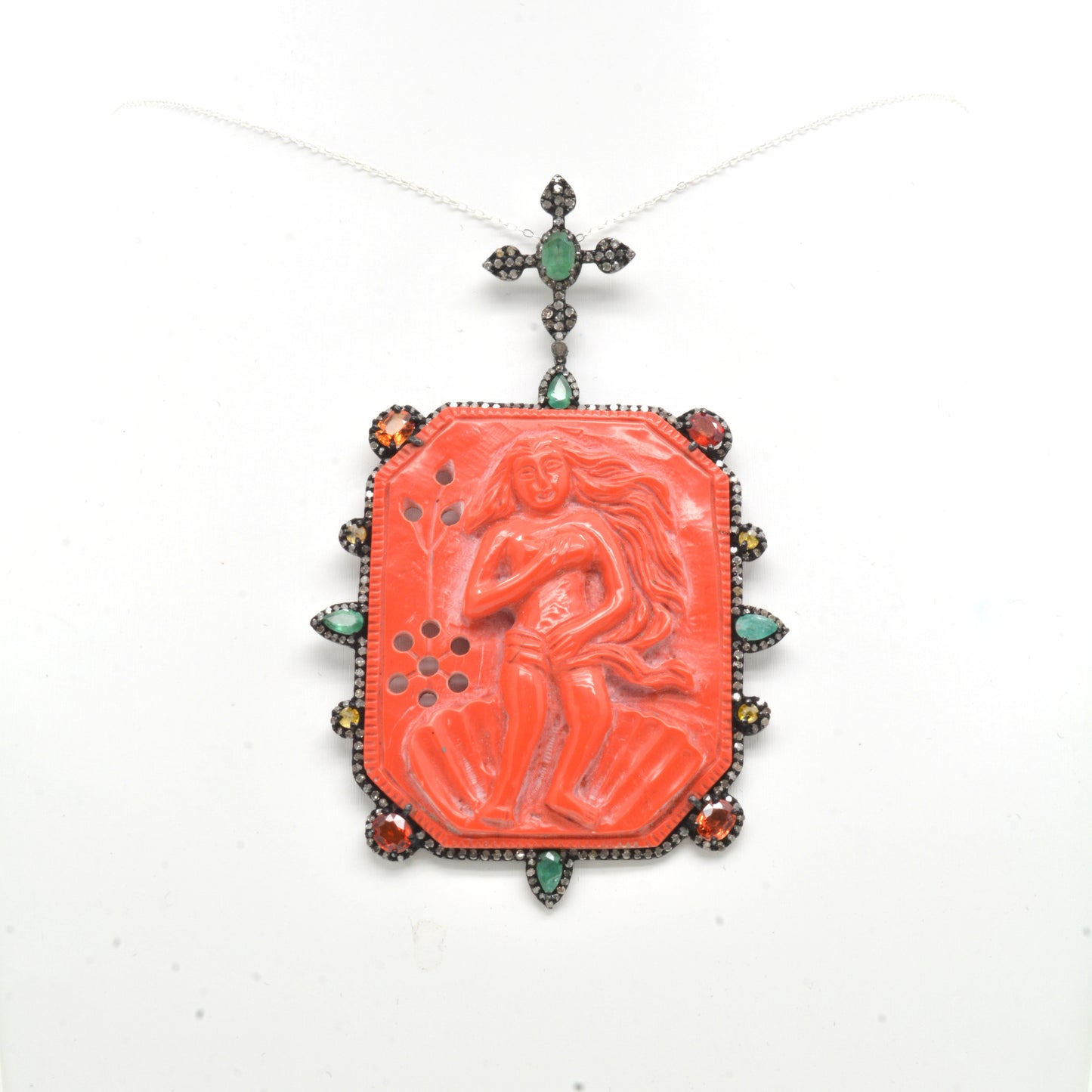 Ornate Coral and Multi-Gemstone Silver Pendant