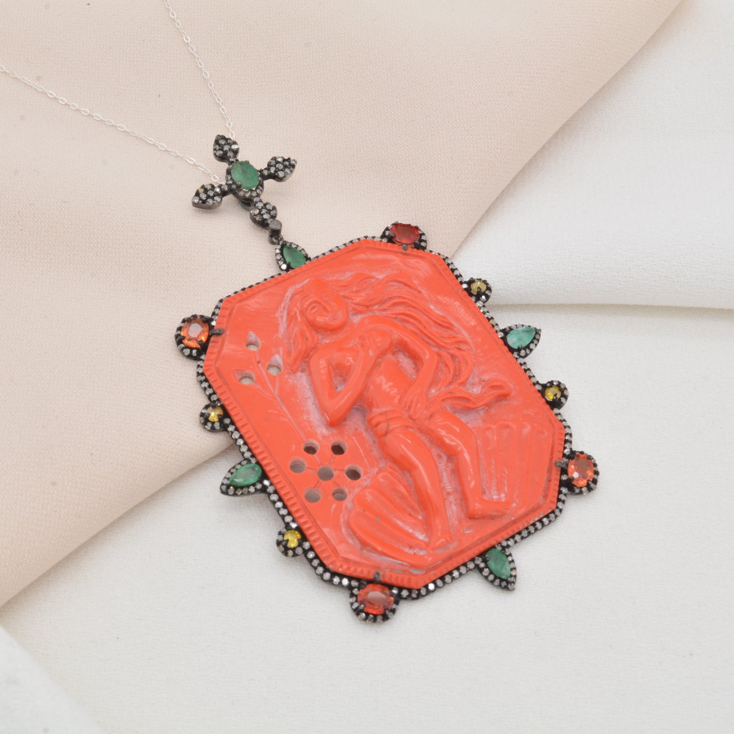 Ornate Coral and Multi-Gemstone Silver Pendant