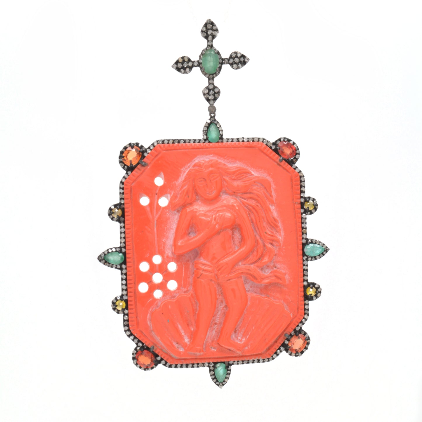 Ornate Coral and Multi-Gemstone Silver Pendant