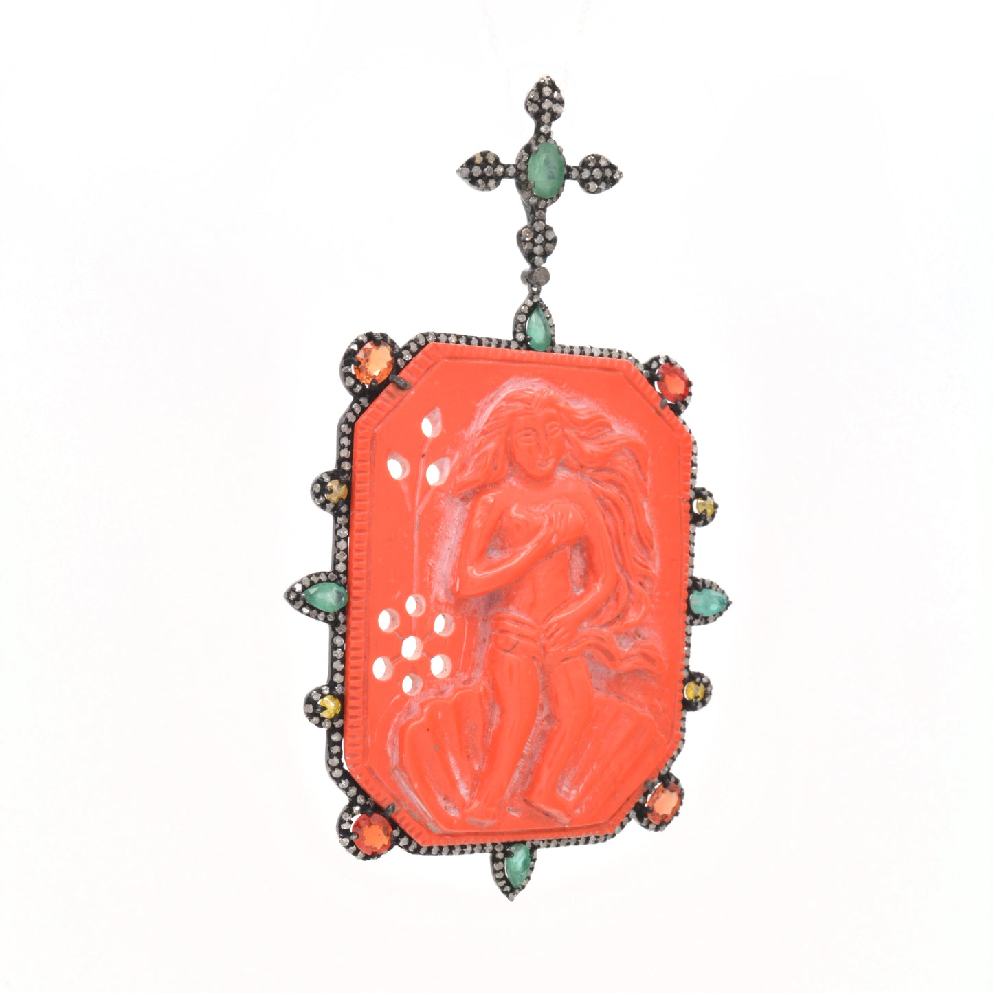Ornate Coral and Multi-Gemstone Silver Pendant