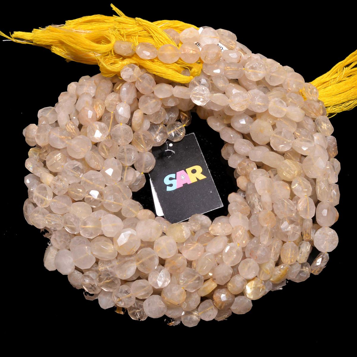 Golden Rutile Quartz Faceted Stone Beads Coin Shape Strand In 9x11mm