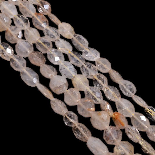 Golden Rutile Quartz Faceted Stone Beads 10x7-12x9mm, (Oval Shape)