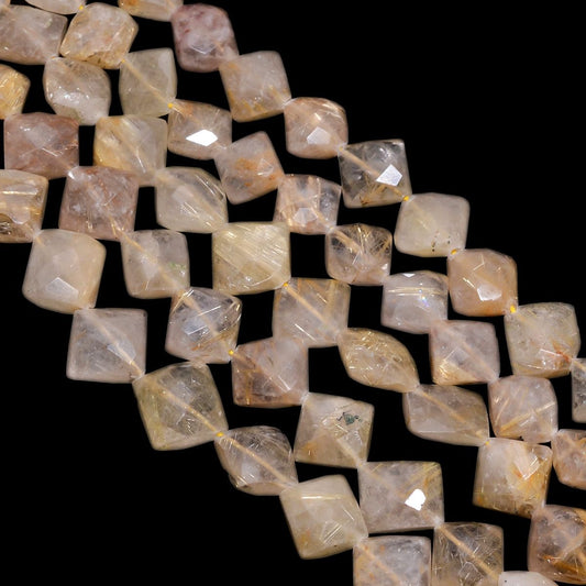 Golden Rutile Faceted Stone Beads Square Shape, (10x10-11x11mm)