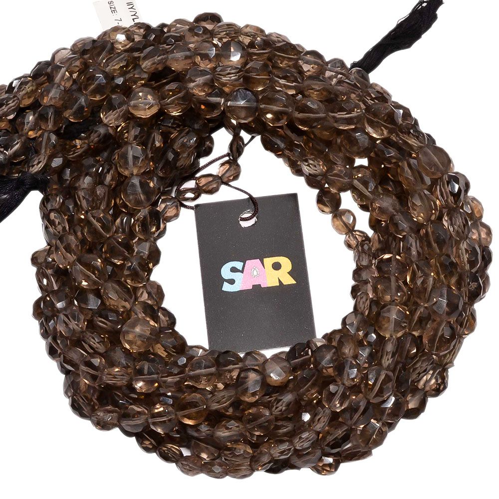 Smoky Quartz 7-11mm Faceted Coin Beads Strand, Smoky Quartz Faceted Coin Beads Strand, Smoky Quartz