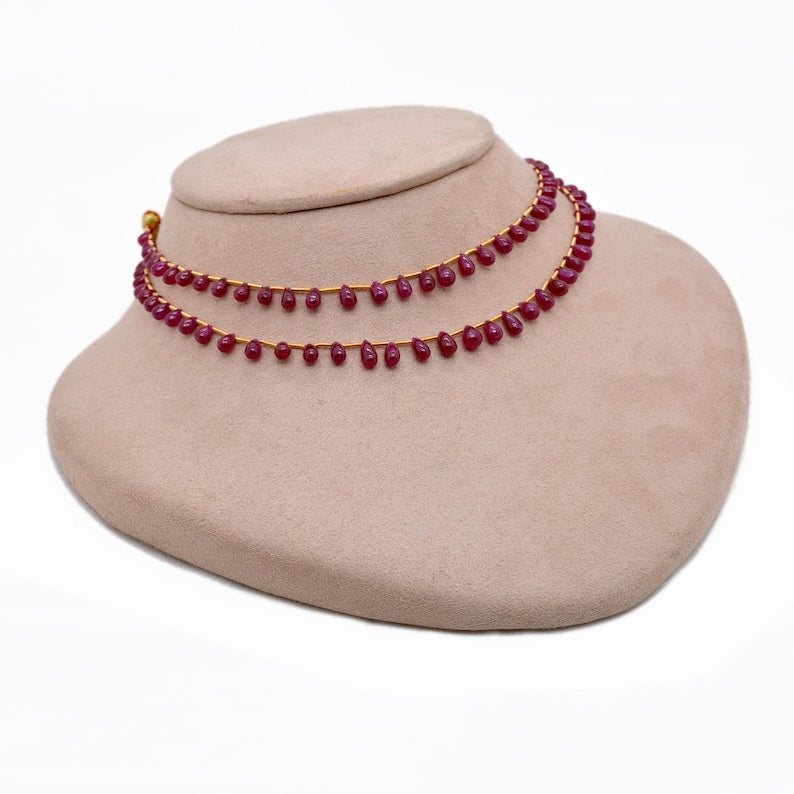 Natural Ruby Drop Necklace – 36 CM Long, Layered Statement Jewelry, Elegant Gift for Her