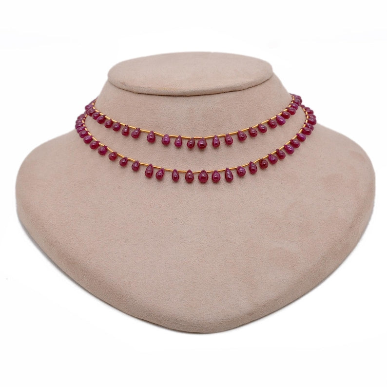 Natural Ruby Drop Necklace – 36 CM Long, Layered Statement Jewelry, Elegant Gift for Her