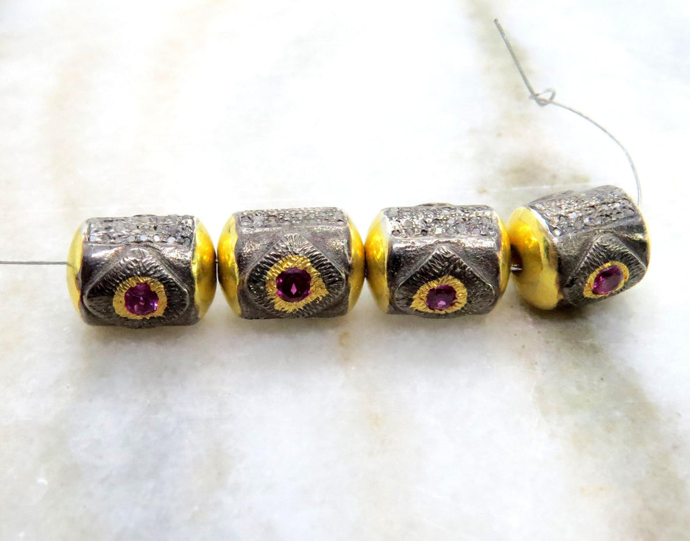 925 Sterling Silver Pave Diamond & Multi-Gemstone Tube Beads