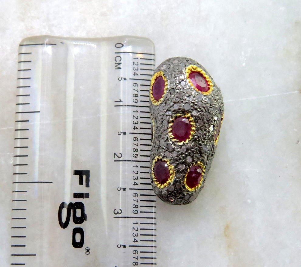 Sterling Silver Pave Diamond & Ruby Spacer Bead