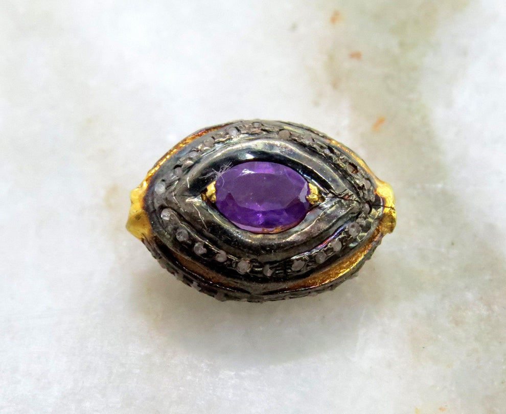 925 Sterling Silver Multi-Gemstone Round Spacer Bead with Diamond Accents