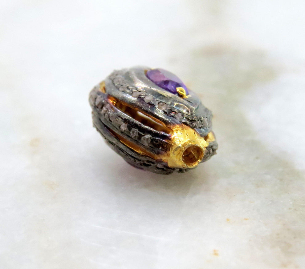 925 Sterling Silver Multi-Gemstone Round Spacer Bead with Diamond Accents