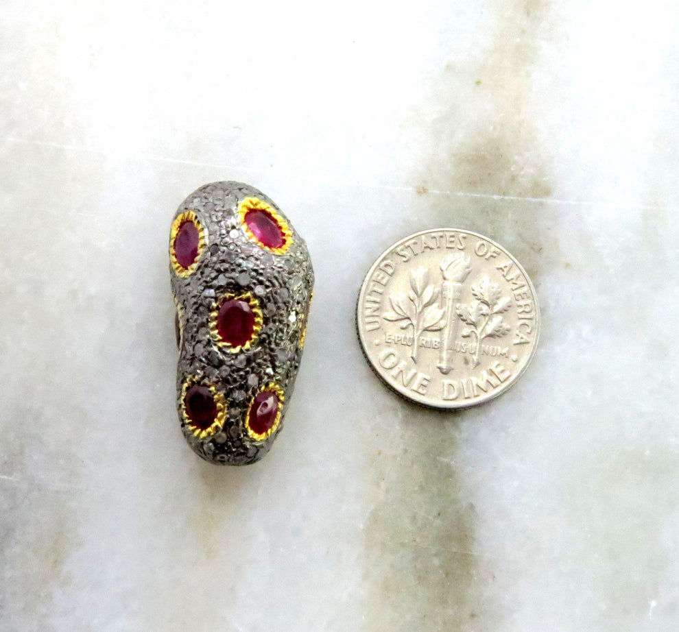 Sterling Silver Pave Diamond & Ruby Spacer Bead