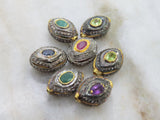 925 Silver Pavé Diamond & Gemstone Spacer Bead, 18x12x9mm