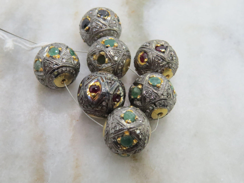 925 Sterling Silver Pave Diamond & Multi-Gemstone Spacer Beads