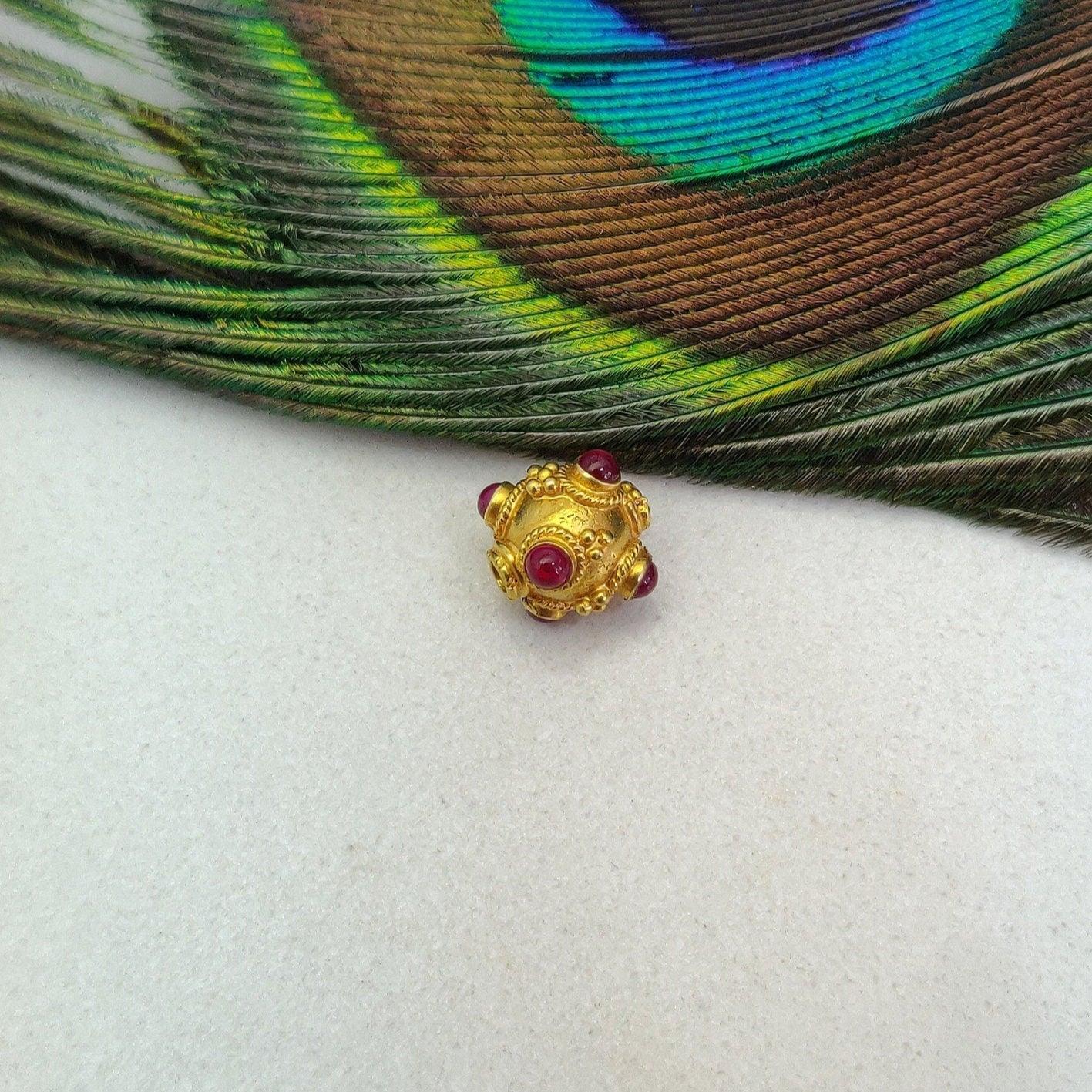 18KTT Gold Round Spacer Beads studded Ruby, 9x8mm