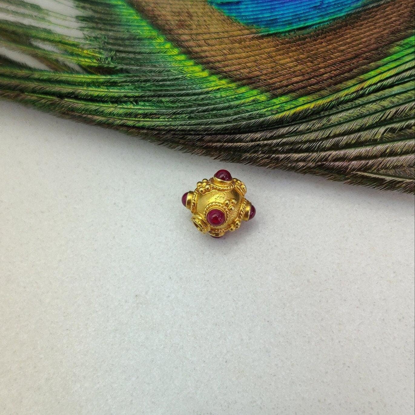 18KTT Gold Round Spacer Beads studded Ruby, 9x8mm