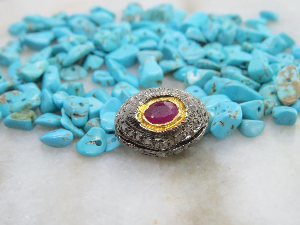 925 Sterling Silver Multi-Gemstone Round Spacer Bead with Diamond Accents