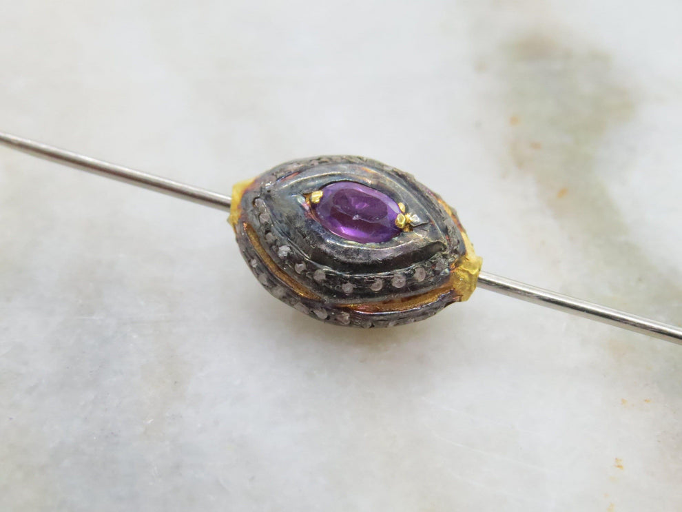 925 Sterling Silver Multi-Gemstone Round Spacer Bead with Diamond Accents