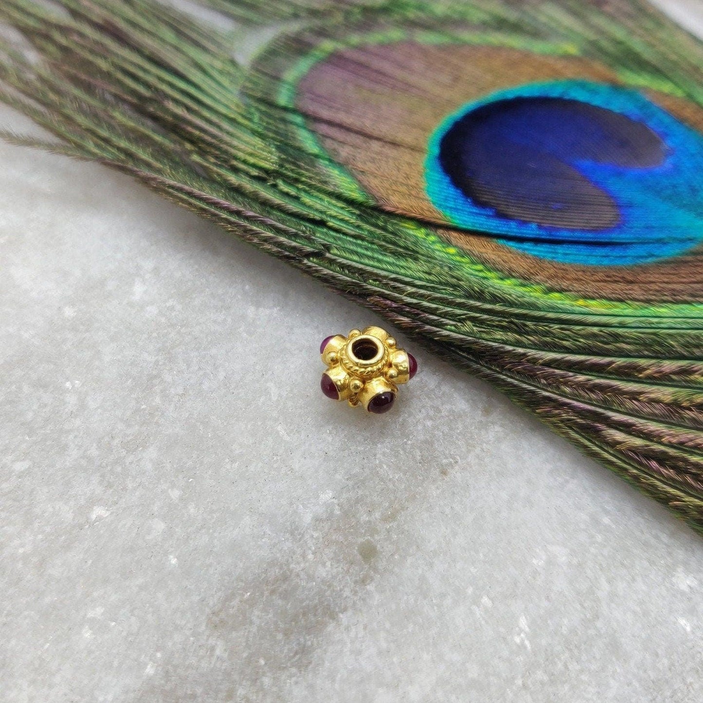 18 Karat Gold Wheel Spacer Beads with Ruby