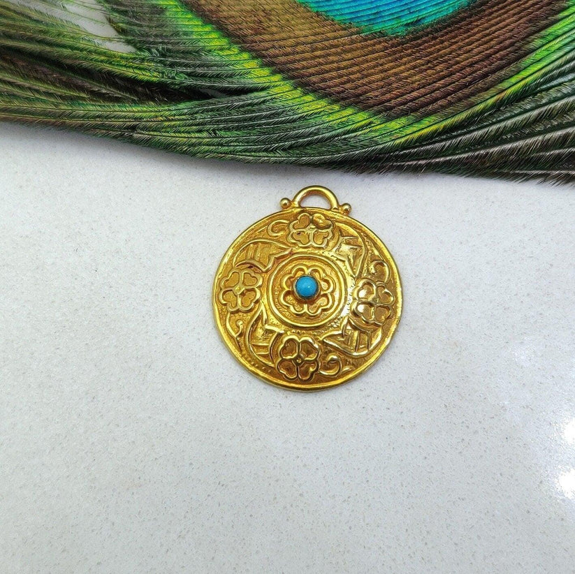 18k Solid Yellow Gold Turquoise Pendant