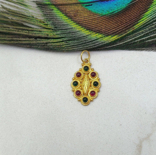 18k Solid Yellow Gold Multi-Gemstone Oval Pendant