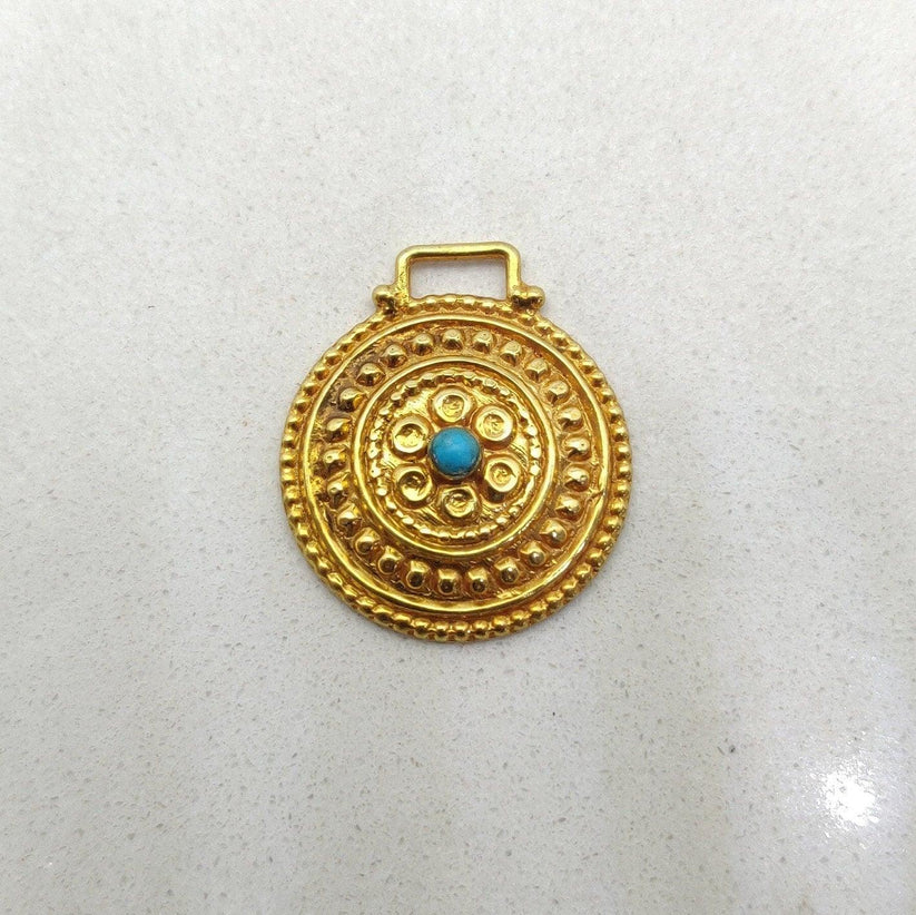 18k Solid Yellow Gold Turquoise Vintage Pendant 19mm