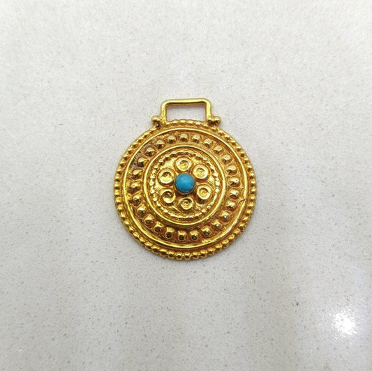 18k Solid Yellow Gold Turquoise Vintage Pendant 19mm - view 3