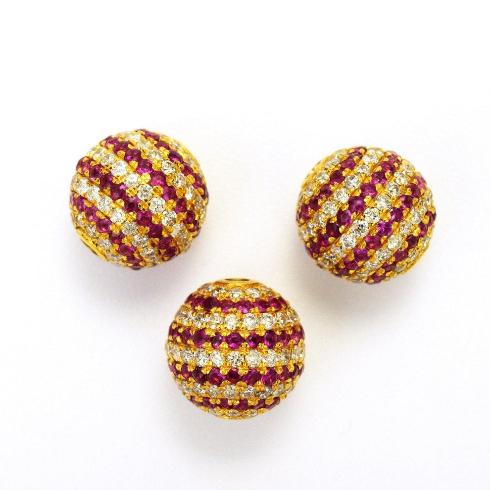 14k Solid Yellow Gold Ball Pave Diamond & Ruby Spacer Beads 8mm