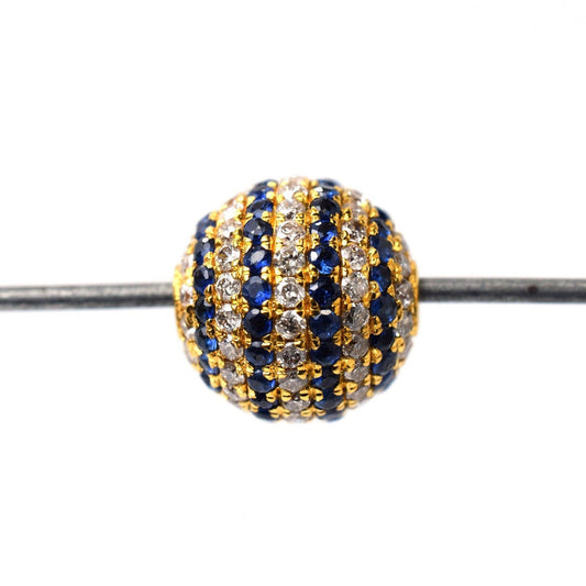 14k Solid Yellow Gold Pave Diamond & Blue Sapphire Round Beads 8mm - view 3