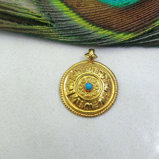 18k Solid Yellow Gold Turquoise Antique Round Pendant