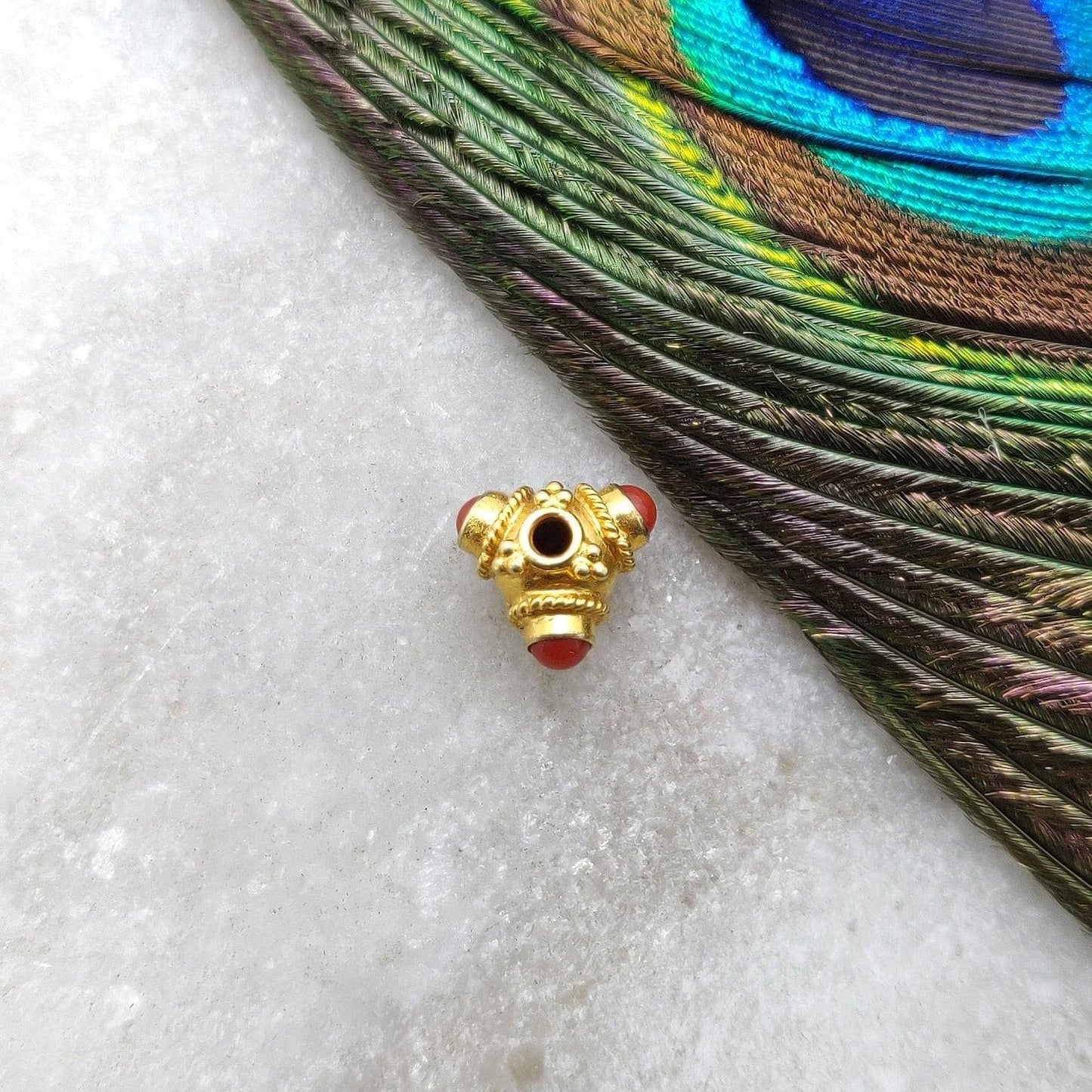 18 Karat Gold Spacer Beads Coral Stone Triangle DIY Craft