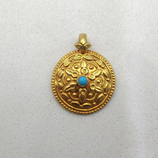 18k Solid Yellow Gold Turquoise Pendant 17mm Antique Jewelry - view 3