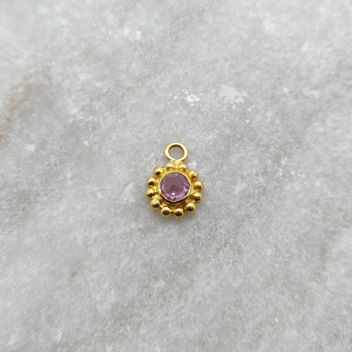 18k Solid Yellow Gold Round Dainty Stone Studded Charm - Sar Gems