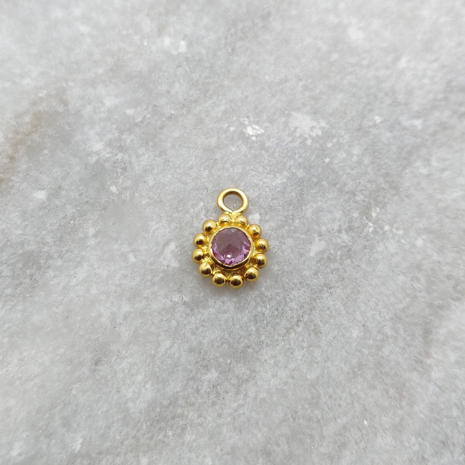 18k Solid Yellow Gold Round Dainty Stone Studded Charm - Sar Gems