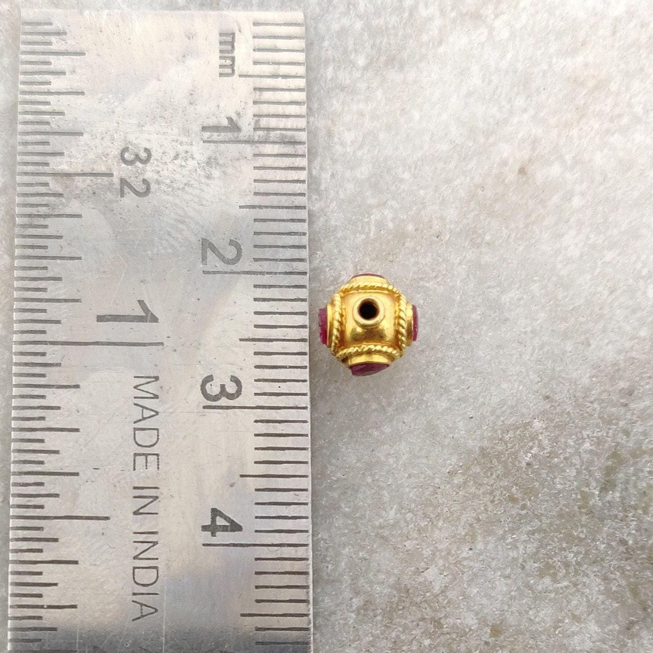 18K Gold Rondelle  Ball Bead Spacer With Ruby Stone 7mm
