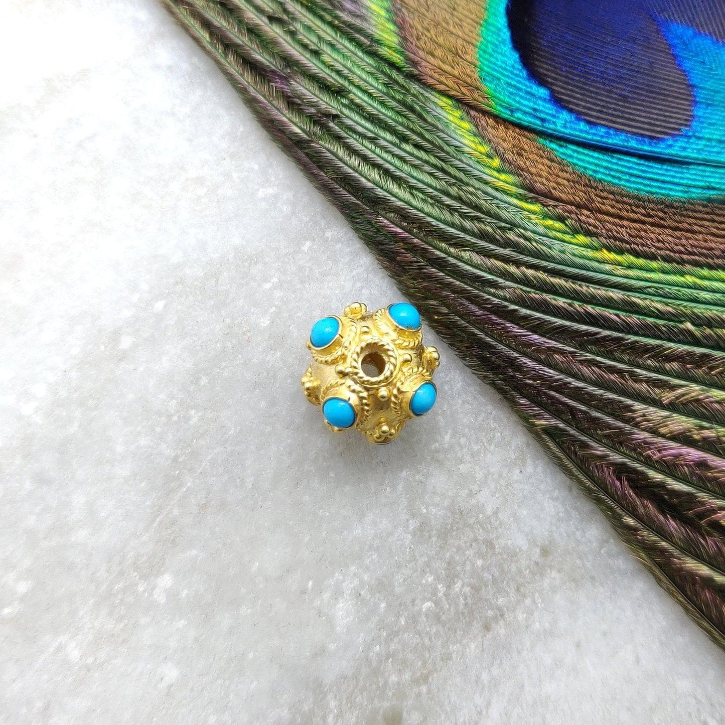 Handmade 18 Karat Gold Turquoise Stone Spacer Ball Bead